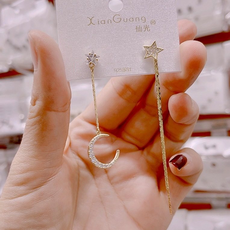仙光S925纯银耳针星球耳钉韩版气质长款不对称星星月亮耳饰