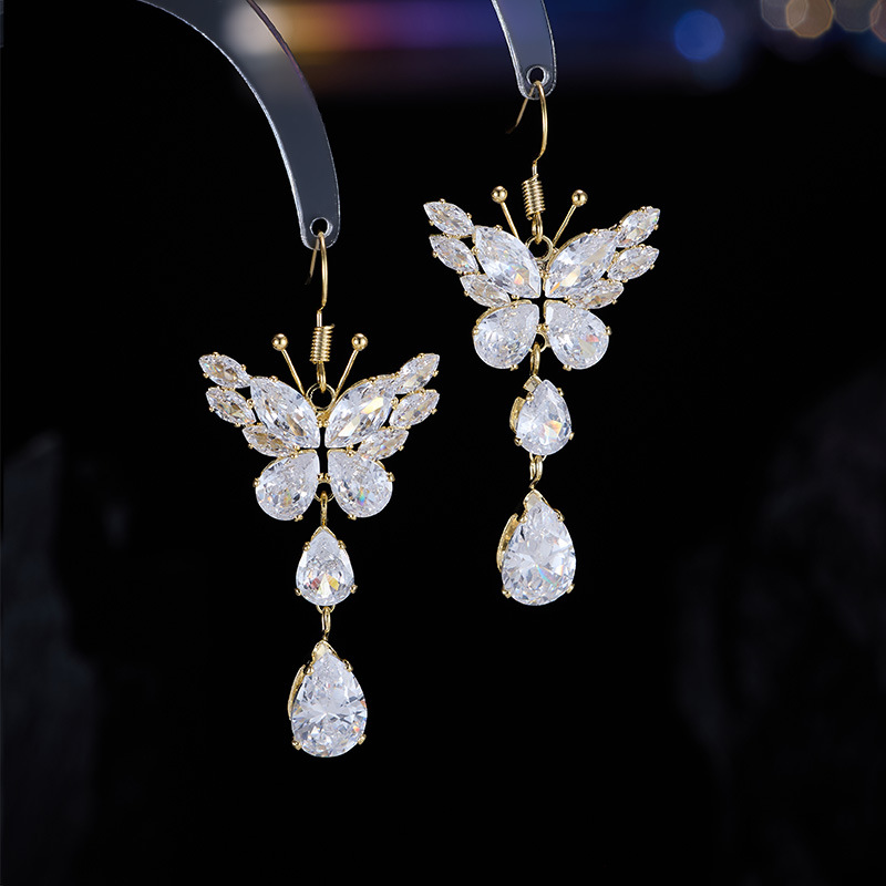 奢华大气蝴蝶水滴流苏耳环轻奢超闪锆石镶嵌气质礼服宴会搭配耳饰