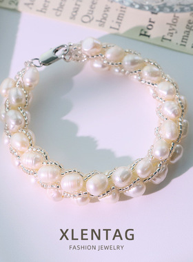 原创白色天然珍珠玻璃手链女轻奢百搭款小众高级感手镯手串手饰品