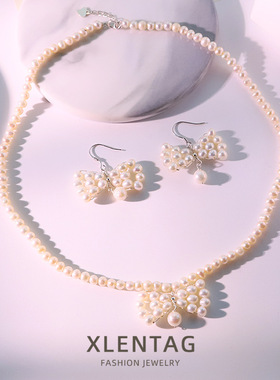 原创天然珍珠蝴蝶结纯银项链耳坠套装女高级感手工气质轻奢首饰