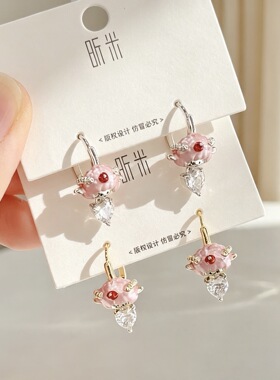 可爱小羊爱心锆石耳钉 S925银针 甜美粉色滴油卡通耳饰女小众耳饰