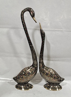 高38cm巴基斯坦进口纯铜彩绘天鹅摆件家居装饰品客厅摆设结婚礼物