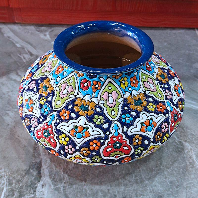 欧式平口瓶土陶瓶花瓶伊朗工艺品手工上釉彩绘颜色随机y43