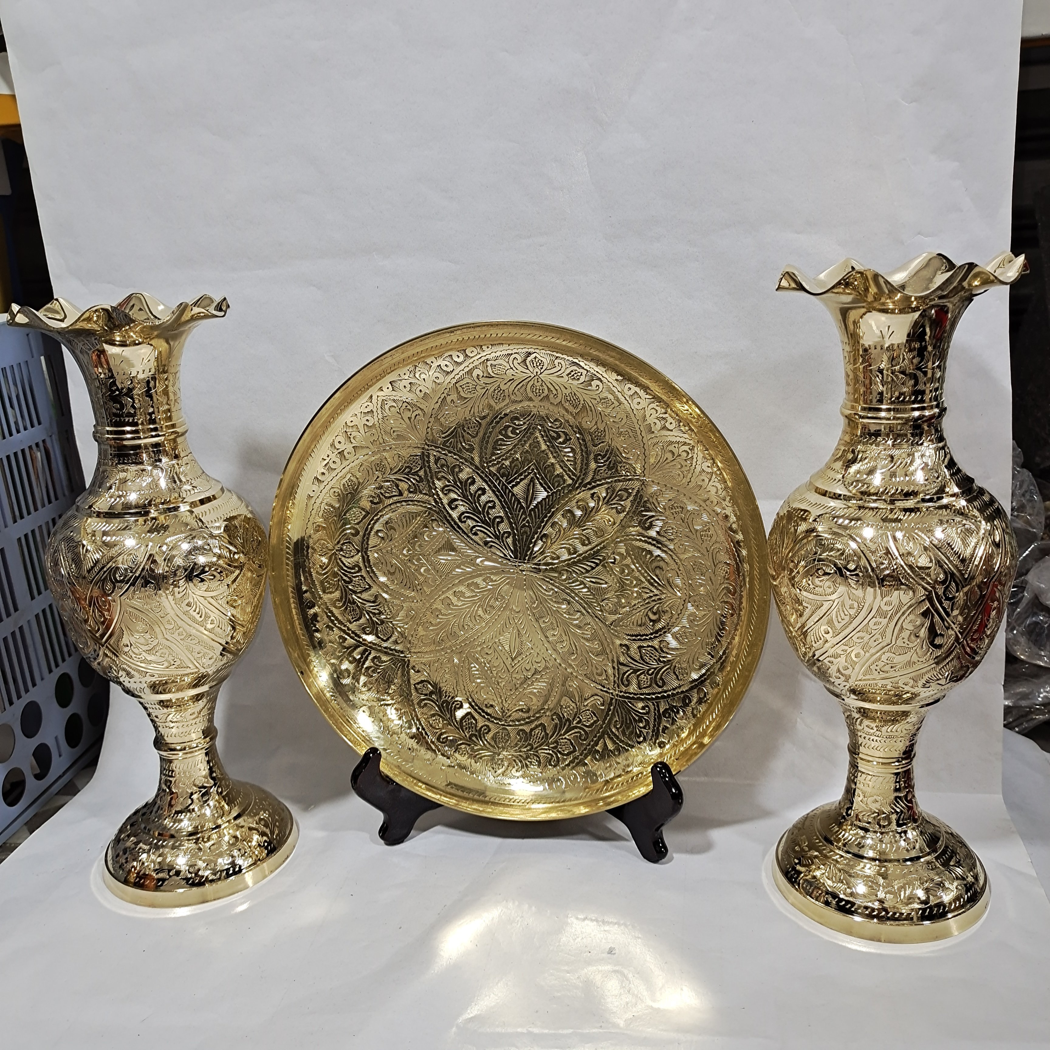 瓶高33cm*盘30cm纯铜金色花瓶家居饰品摆件巴基斯坦手工三件套