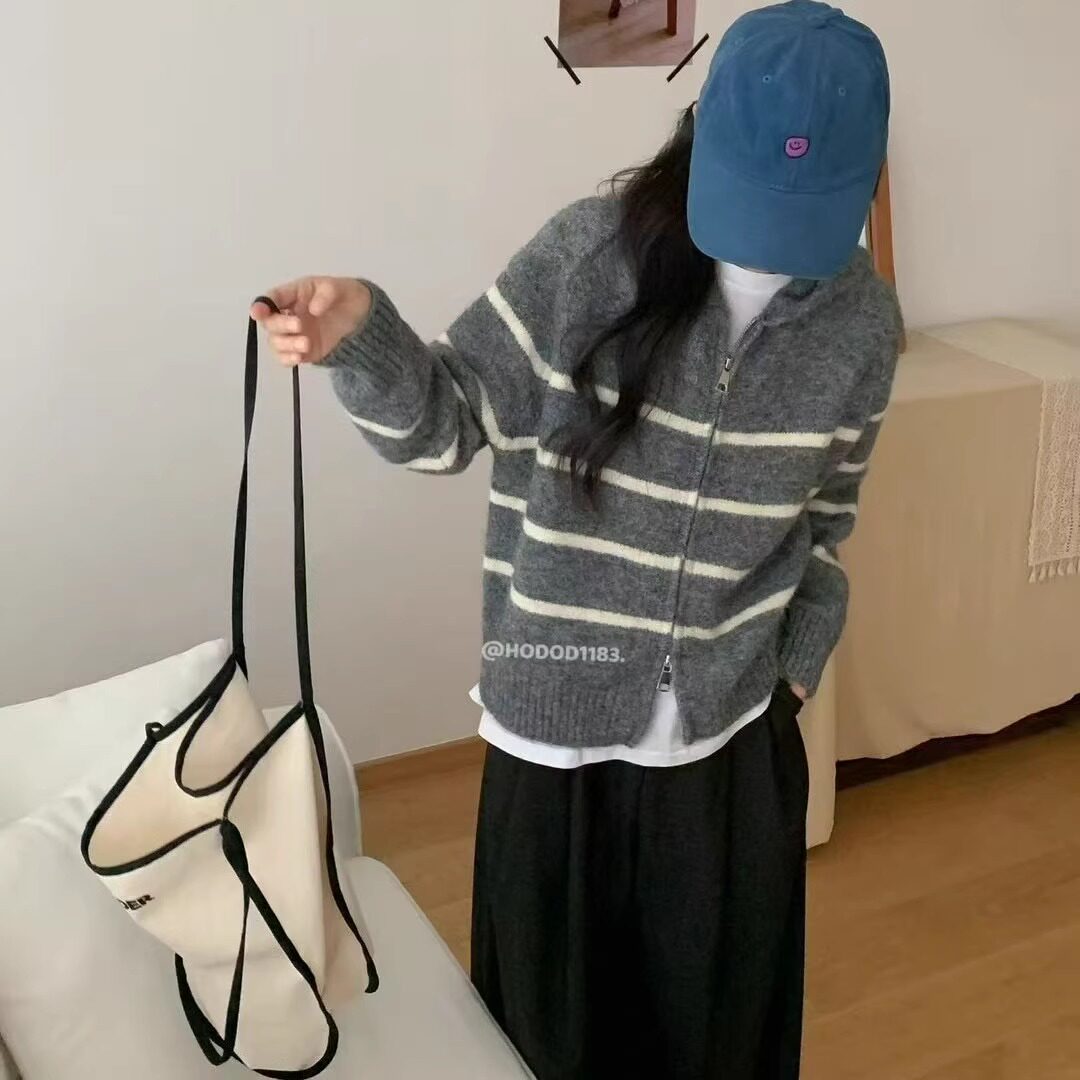 复古条纹软糯毛衣外套女2025秋冬韩版学院风拉链连帽针织开衫上衣