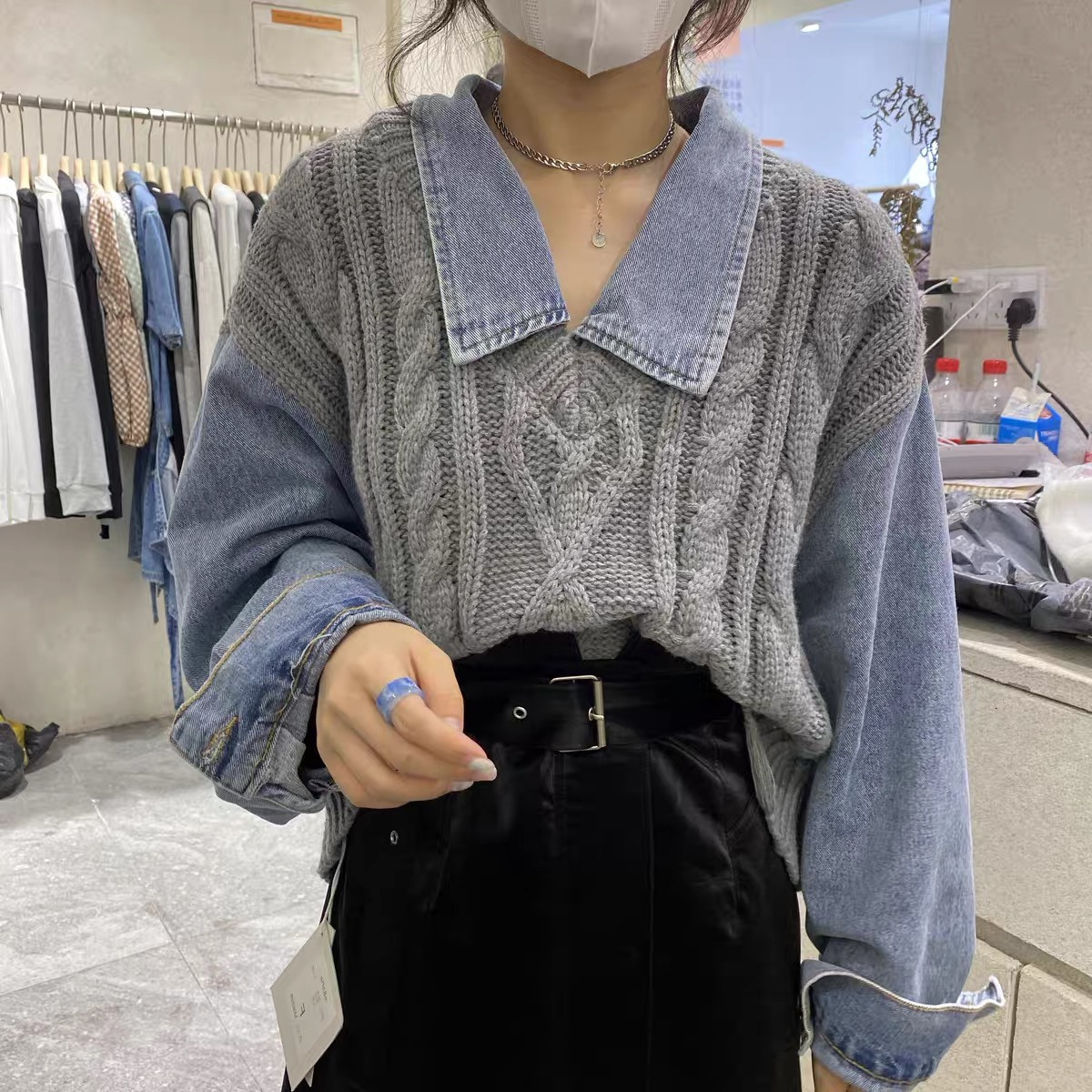 2020秋冬新款文艺复古麻花毛衣拼接牛仔袖假两件破洞针织衫上衣女
