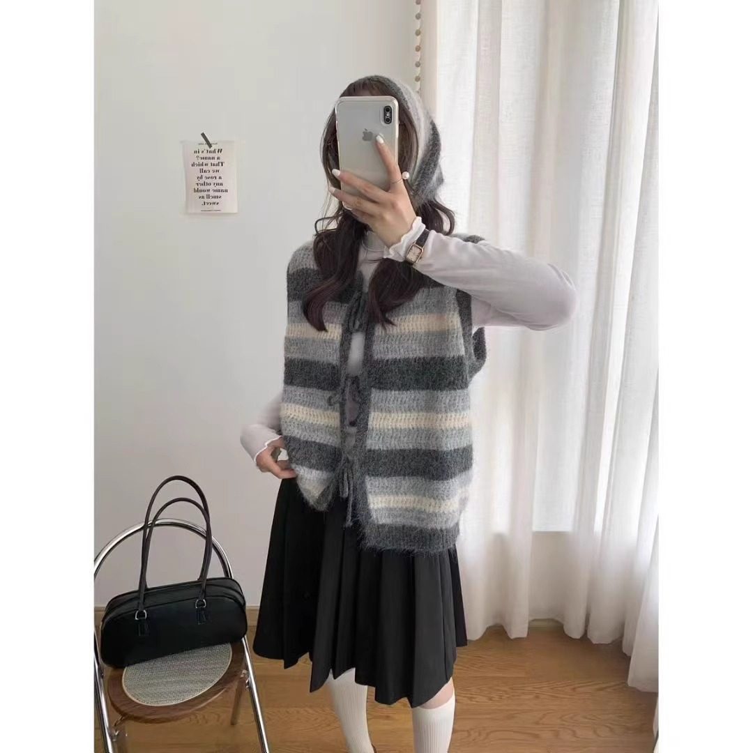 韩版撞色条纹系带毛衣马甲女秋冬季新款无袖叠穿坎肩围脖针织开衫