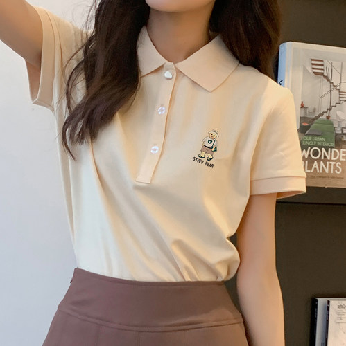 刺绣小熊短袖纯色夏款纯棉女T恤
