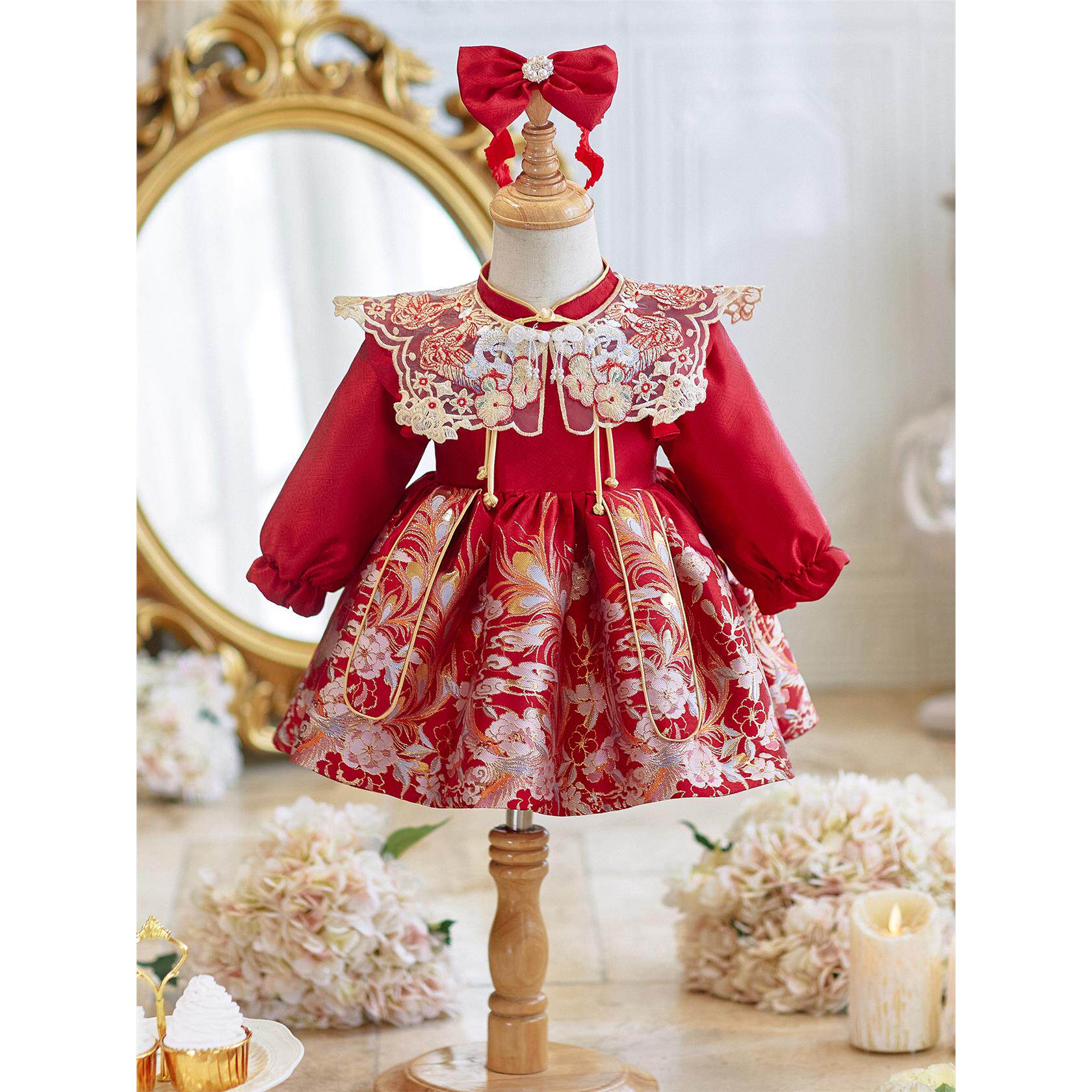 周岁女宝宝抓周礼服红色喜庆唐装公主裙高端小童婴儿生日抓阄衣服