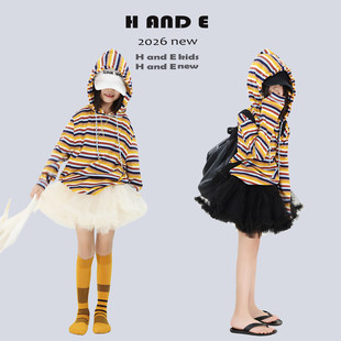 H AND E 原创童装2026春夏新款黄蓝白条纹连帽T恤小众高级亲子装