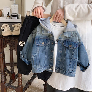 儿童牛仔外套2025新装春秋男童痞帅假两件连帽上衣中小童渐层外衣