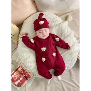 网红婴儿连身衣男女宝宝衣服可爱小熊满月百天长袖春秋季薄款哈衣