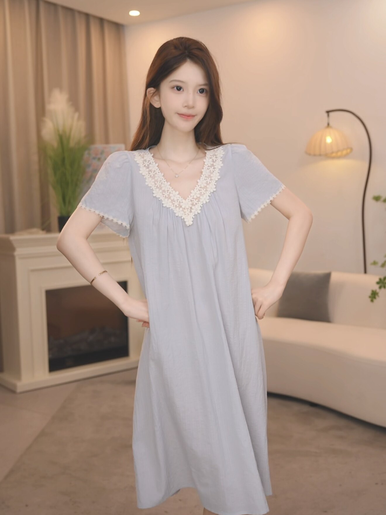 板栗小姐【岚雾】夏季新品薄款甜美性感女士蕾丝短袖睡衣家居服