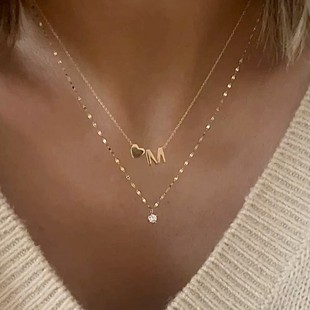 小众字母爱心项链时尚 欧美跨境时尚 百搭金属镶钻多层叠戴感项饰