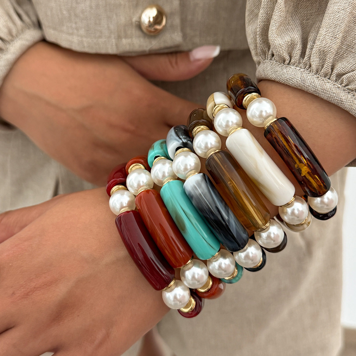 欧美跨境饰品ins时尚晕染弧形弯管手镯 通勤百搭竹节珍珠弹力