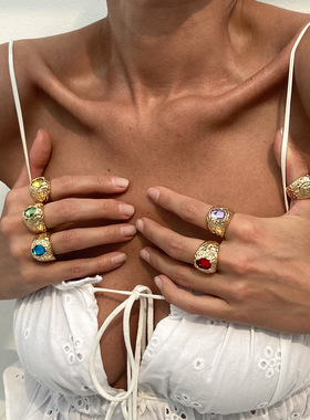 欧美风饰品高级感几何镶钻宝石戒指套装个性液态合金光面戒音乐节