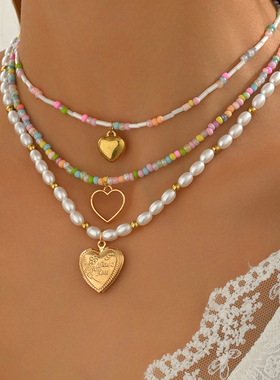 欧美跨境波西米亚爱心吊坠项链时尚多层次感彩色串珠仿珍珠锁骨链