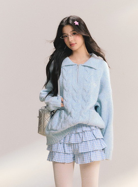 ANDN【坠入云端】半开拉链翻领绞花毛衣韩系复古针织衫上衣冬女厚