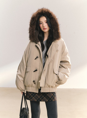 ANDN【琥珀琉璃】连帽大毛领牛角扣派克服冬女棉服90白鸭绒羽绒服