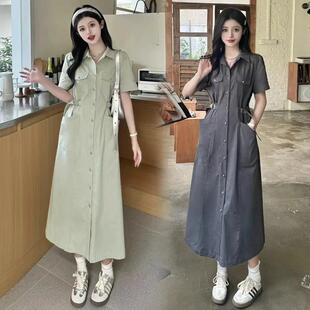 特大码300斤胖MM休闲工装连衣裙女夏季宽松显瘦梨形身材长款a字裙