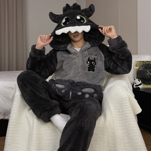 男士睡衣秋冬款冬季珊瑚绒加厚加绒法兰绒卡通拉链家居服冬天套装