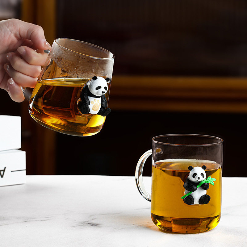 熊猫玻璃杯透明办公室家用水杯带把手耐热泡茶杯子果汁咖啡牛奶杯