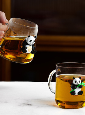 熊猫玻璃杯透明办公室家用水杯带把手耐热泡茶杯子果汁咖啡牛奶杯