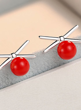 925纯银樱桃耳钉女2018新款红色滴釉豆豆简约韩国个性学生耳环