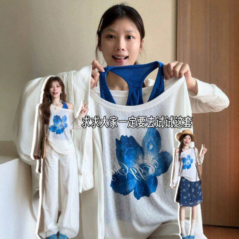 【自家工厂现货】2026夏季吊带背心罩衫两件套韩系薄纱斜肩女上衣