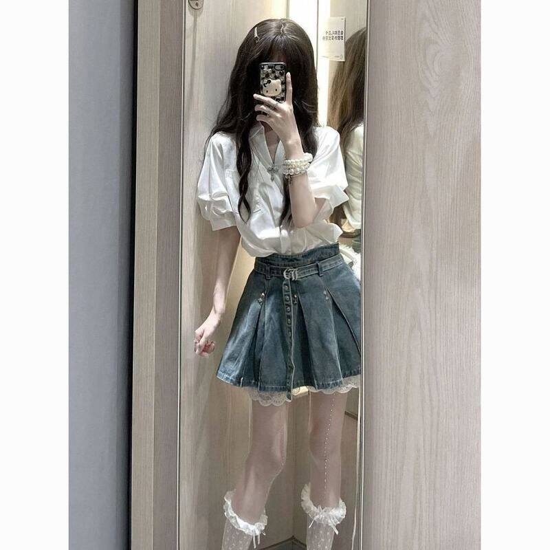 时尚套装女夏季法式气质白色V领衬衫搭配牛仔百褶裙子减龄小个子