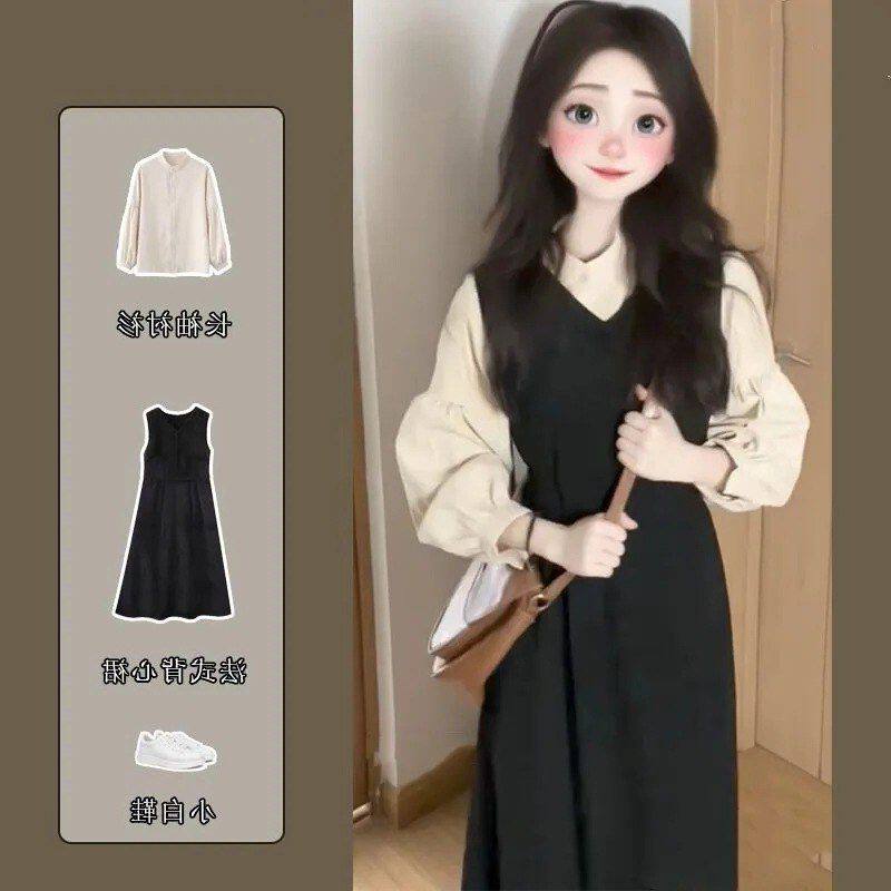 显瘦连衣裙2025春秋季新款女装年两件套黑色小个子减龄百搭背带裙