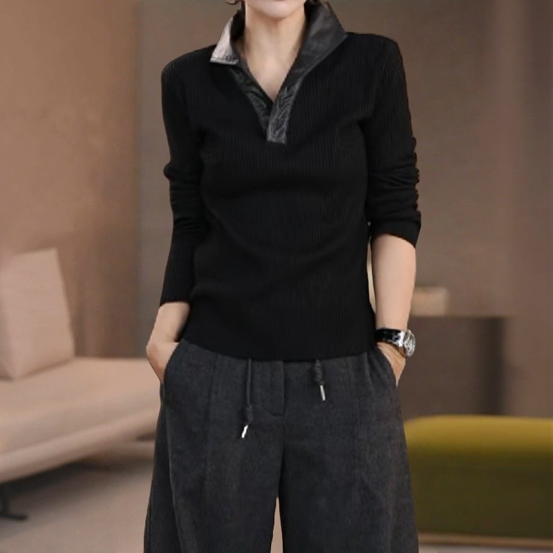 胖mm时尚气质黑色拼接皮领针织衫女款高级感休闲长袖打底衫上衣服