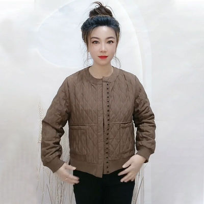 洋气休闲妈妈装复古菱格棉服外套女士秋冬气质大码单排扣圆领棉衣