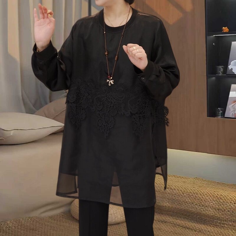胖MM休闲网纱拼接长袖圆领T恤女装慵懒宽松百搭黑色中长款上衣服