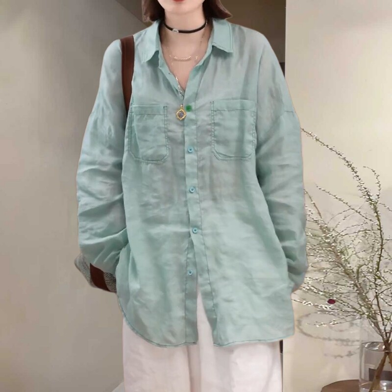 大码时尚慵懒风宽松显瘦长袖衬衫女春夏季纯色百搭款防晒薄款小衫