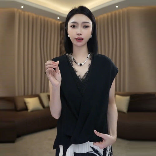 法式蕾丝V领大码显瘦黑色衬衫