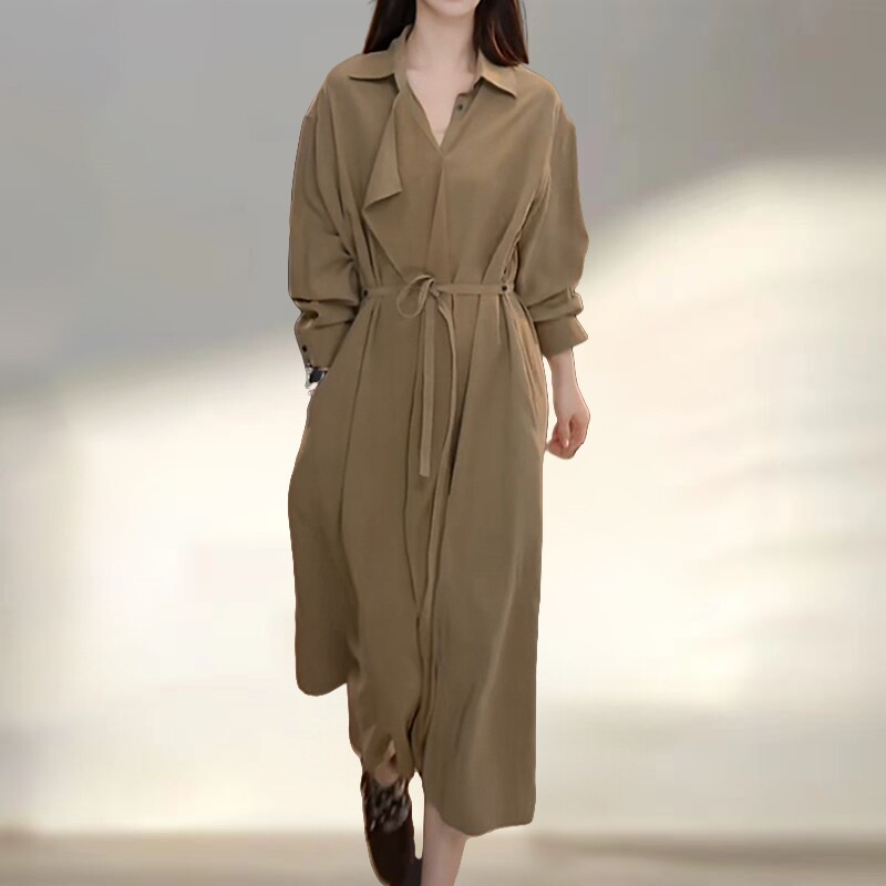 复古风气质通勤收腰显瘦连衣裙女大码洋气宽松显瘦长袖翻领裙子潮