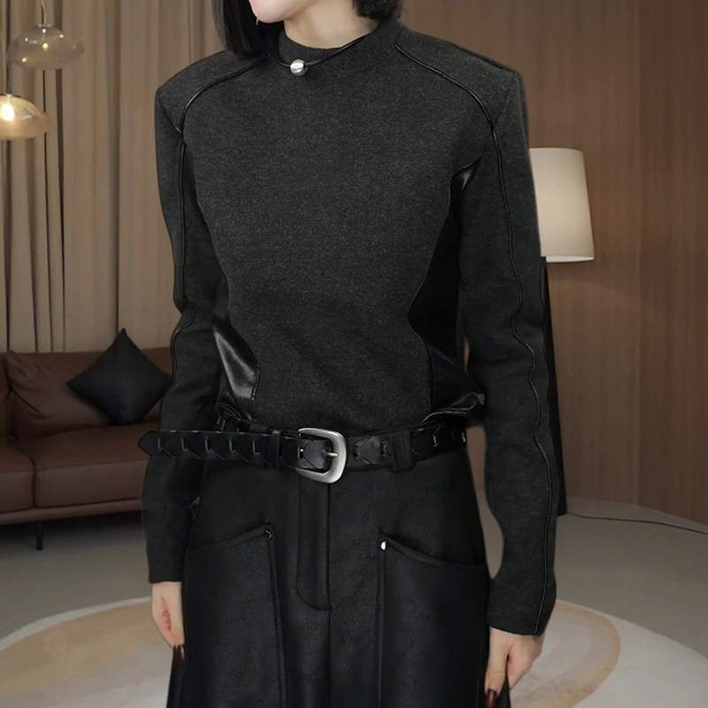 韩系时尚设计感拼接长袖黑色T恤女款遮肉宽松显瘦打底衫大码上衣