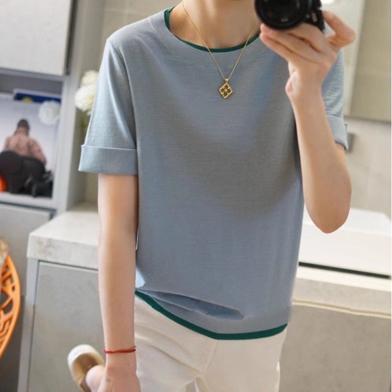 简约别致 气质亚麻蓝 100%纯山羊绒衫 撞色边短袖T恤上衣秋冬新款,女装/女士精品,羊绒衫,淘宝优惠券,粉丝福利购,淘宝优惠卷