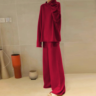 爱到不能自拔 100%羊绒衫上衣与裤子 自由卷边针织两件套装加厚
