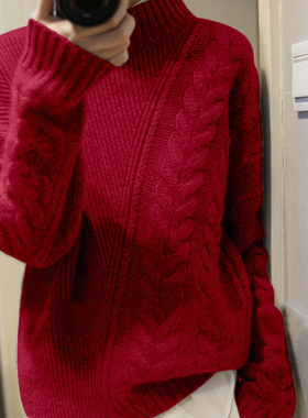 品味女神 漂亮的不对称麻花设计 羊绒衫双层半高领灰色纯羊绒毛衣