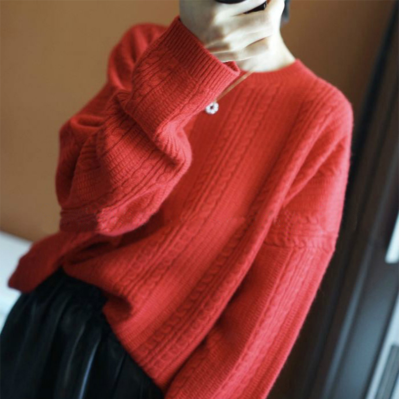 小众浪漫！麻花编织羊绒衫女圆领纯羊绒毛衣针织衫加厚慵懒风多色