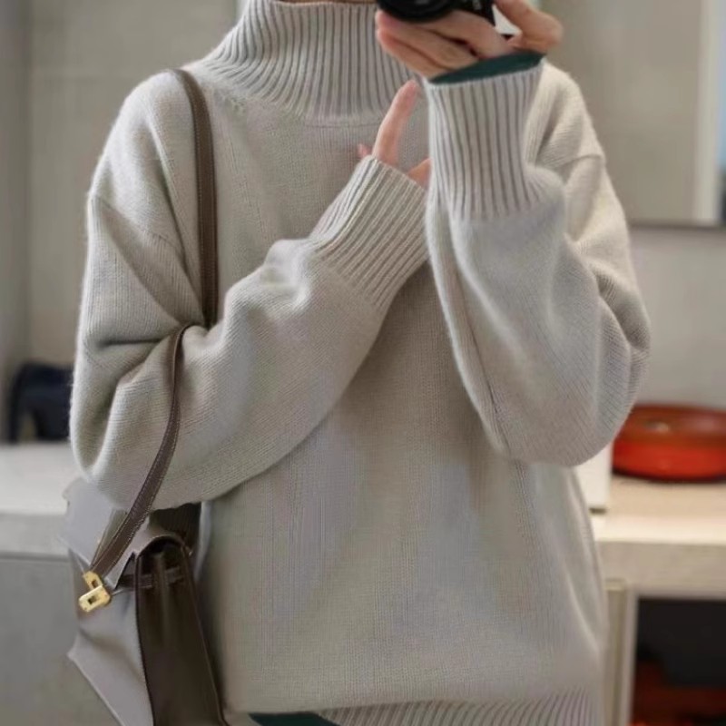 简约Gao级有腔调 秋冬高领100%山羊绒衫女纯羊绒毛衣加厚宽松廓形