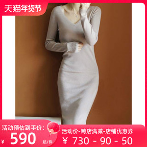 大胆入手！通勤好物~长款羊绒衫女V领中长款纯羊绒毛衣针织连衣裙