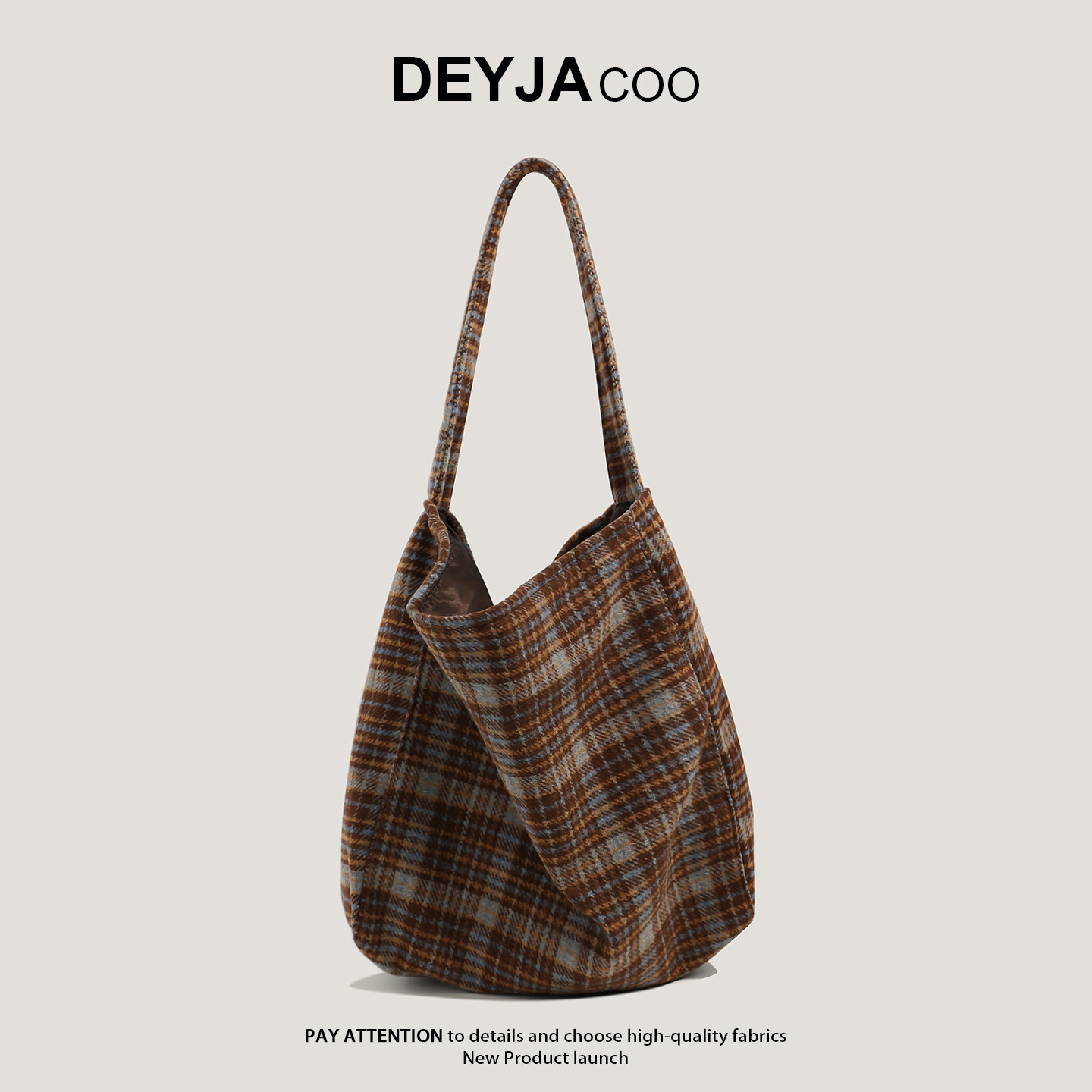 韩系秋冬新款复古格纹毛呢托特包女大容量慵懒风水桶包单肩通勤包,箱包皮具/热销女包/男包,托特包,淘宝优惠券,粉丝福利购,淘宝优惠卷