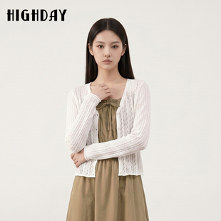 highday轩日V领长袖针织开衫外套女2026夏薄款镂空外搭罩衫上衣