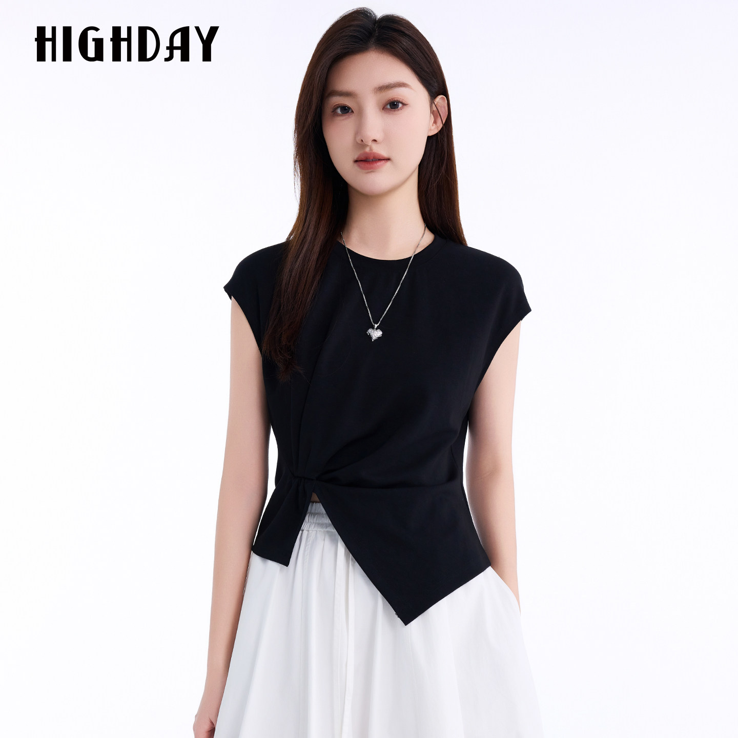 HIGHDAY轩日不规则正肩短袖T恤2026夏季气质修身收腰显瘦上衣女图片