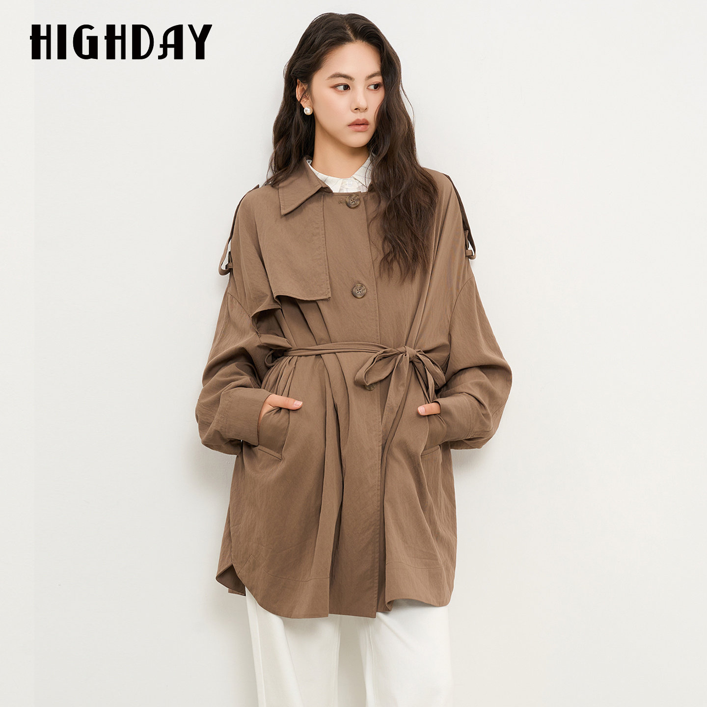 HIGHDAY轩日韩系松弛感中长款风衣女2026秋季收腰系带小个子外套
