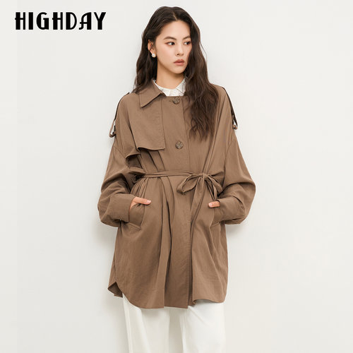 HIGHDAY轩日韩系松弛感中长款风衣女2026秋季收腰系带小个子外套