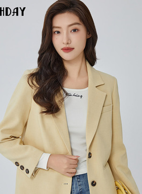 轩日商场2024春秋新款浅黄外套女九分袖气质OL西装洋气时尚西服潮